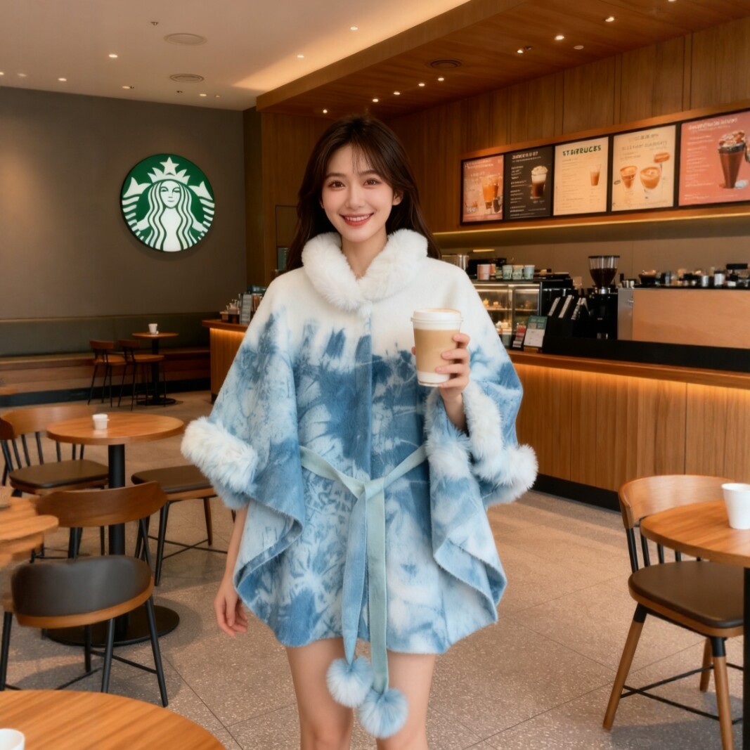 扎染毛领外套女2025新款秋冬加厚保暖披风大衣年轻时尚百搭上衣潮