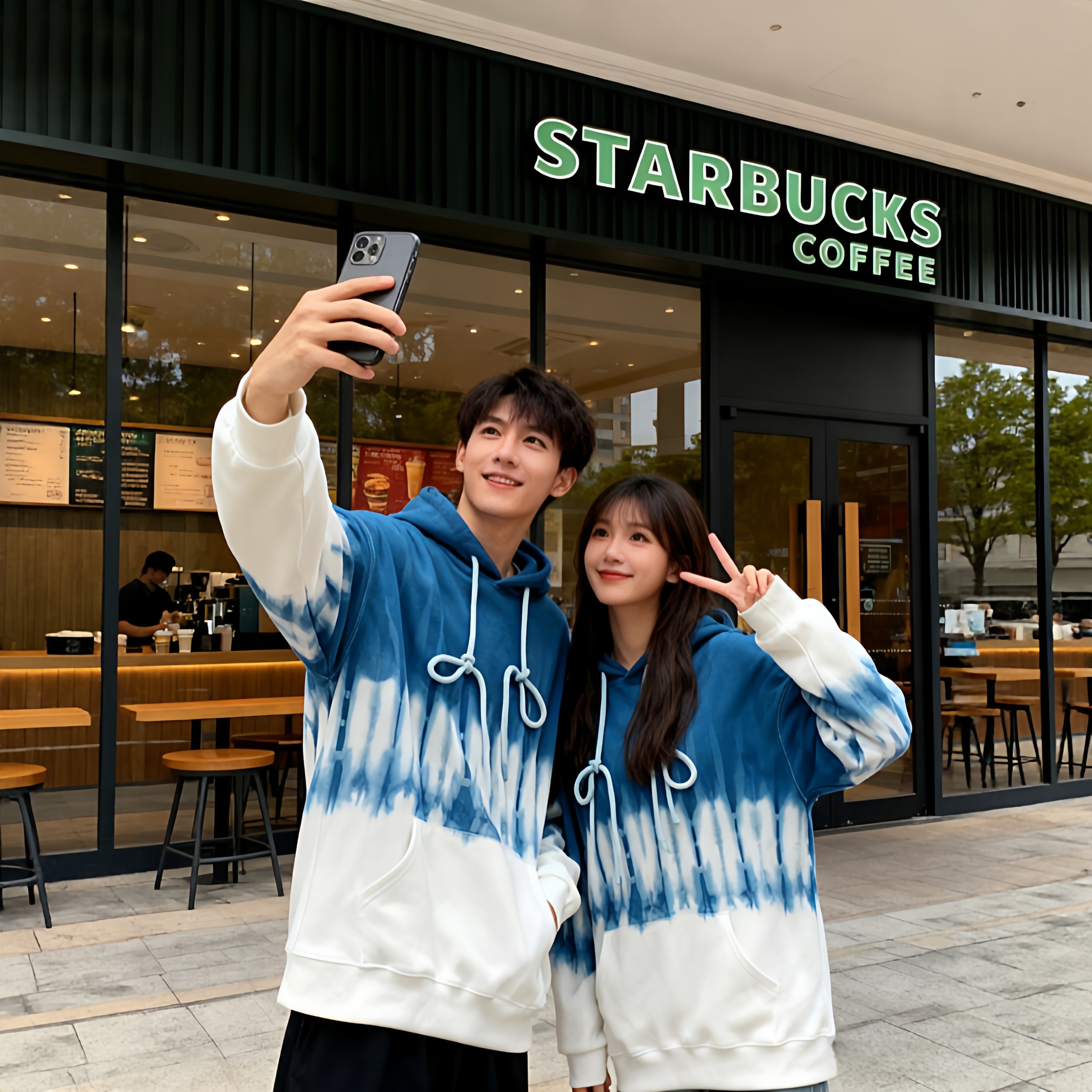 扎染纯棉情侣装2025秋冬新款卫衣连帽加绒上衣宽松运动服带帽外套