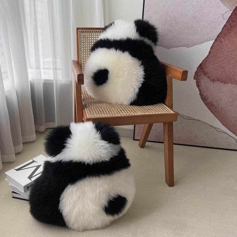 纯羊毛熊猫抱枕毛绒靠背可爱公仔真羊毛背影客厅沙发靠枕飘窗坐垫