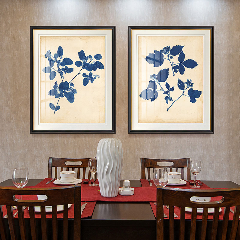 简美餐厅书房背景植物挂画卧室床头画蓝色树叶装饰画美式饰品墙画图片