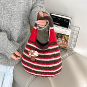 新款 2025冬季 小水桶包针织手拎包单肩小托特包 手提毛毛包女式 韩版