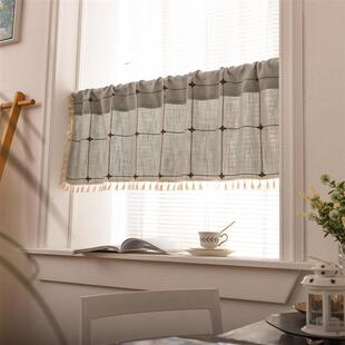 跨境亚马逊窗幔帘免打孔装 饰咖啡帘隔断帘短帘子纯色格子窗帘成品