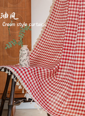 窗帘红色格子流苏日式公主帘文艺小窗厨房帘棉半遮光飘窗