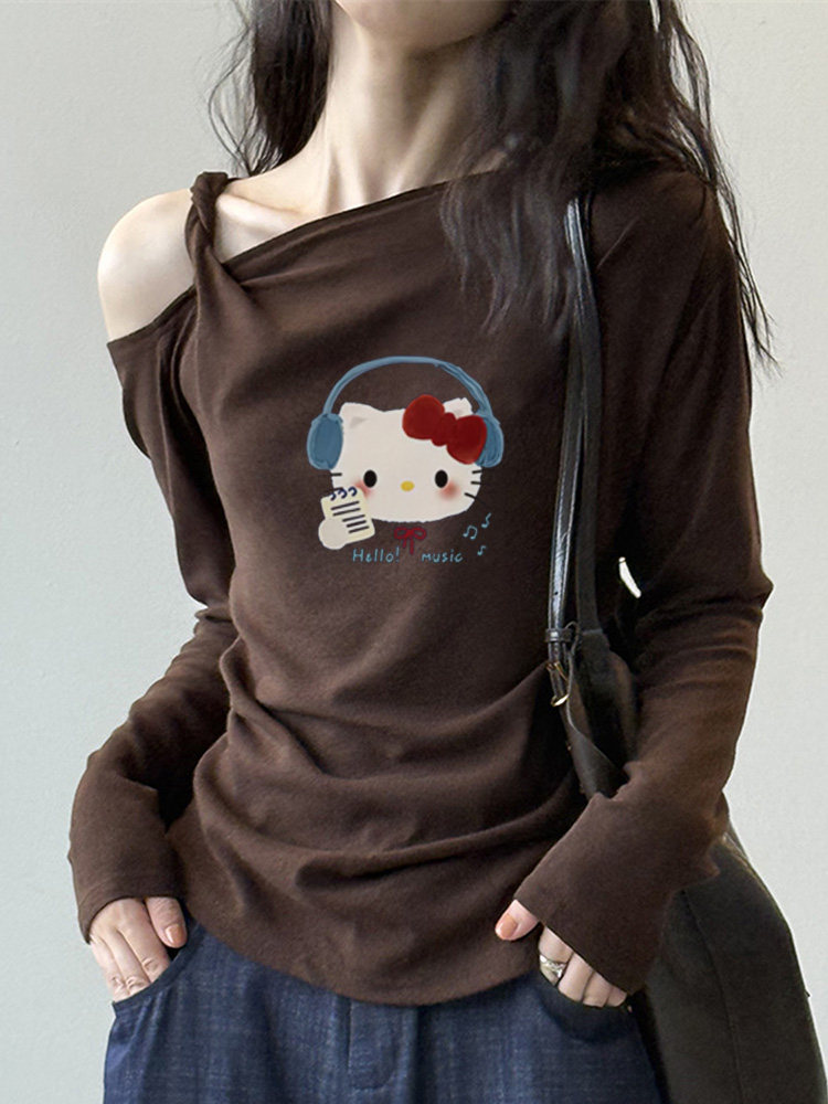 卡通风斜肩咖色耳机喵长袖T恤女秋2025新款不对称大码上衣高级感,女装/女士精品,大码内搭,淘宝优惠券,粉丝福利购,淘宝优惠卷