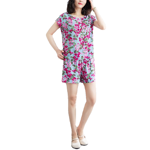 大码棉绸睡衣女夏季可外穿小个子洋气短袖短裤时尚两件套装家居服