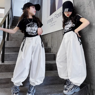 儿童爵士舞服装女童夏装T恤表演服嘻哈炸街时尚街舞露脐上衣潮