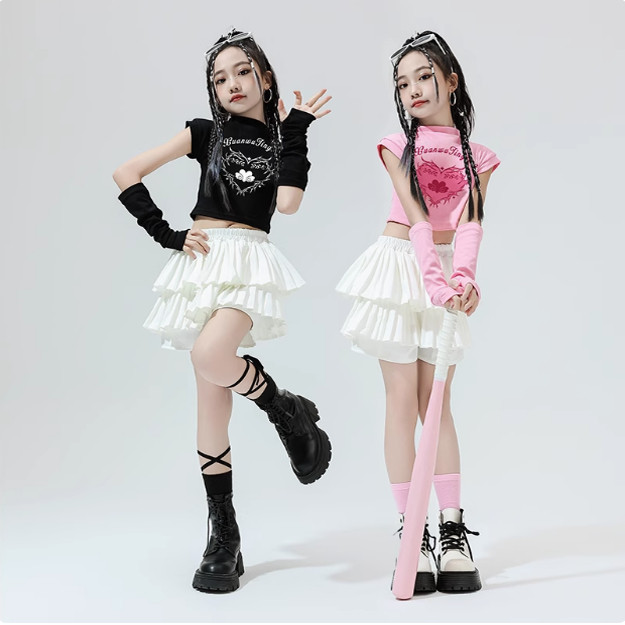 女童爵士舞服装多巴胺爱心印花模特走秀儿童架子鼓jazz演出服T恤
