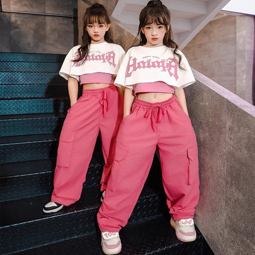女童爵士舞服套装儿童街舞甜辣酷jazz短袖T恤短款背心表演出服潮