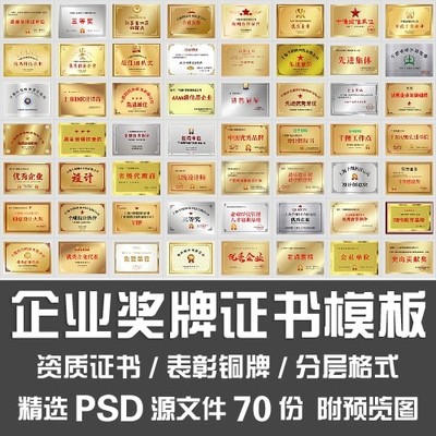 企业奖牌证书模板/公司单位设计院资质证书获奖表彰铜牌PSD源文件