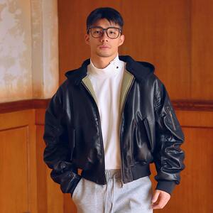白浪浪 双面可穿加厚皮衣短款飞行员棉衣可拆卸连帽黑绿落肩宽松