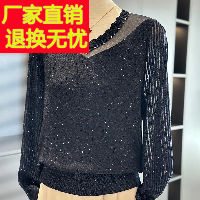 时尚洋派亮丝针织衫女套头妈妈装春装新款上衣气质百搭中年打底衫