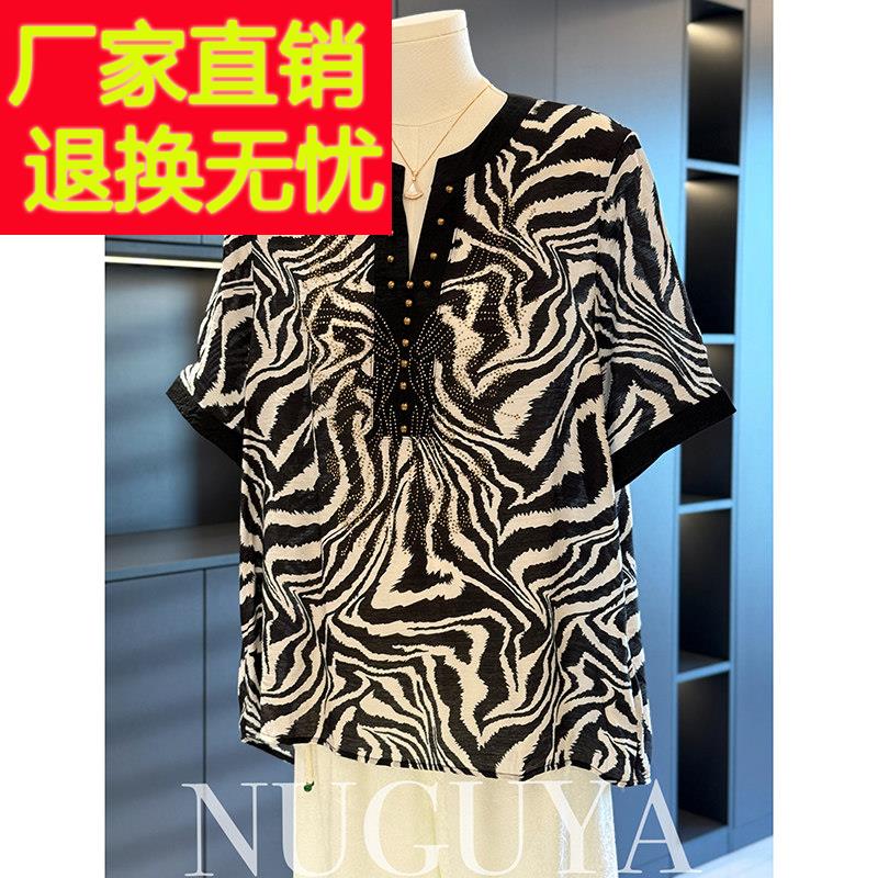 时尚洋派妈妈装棉麻衬衫女短袖夏装新款上衣气质百搭中老年人衬衫