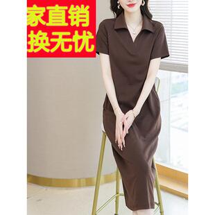 时尚新款纯棉t恤裙女夏翻领连衣裙气质长款过膝宽松大码休闲显瘦