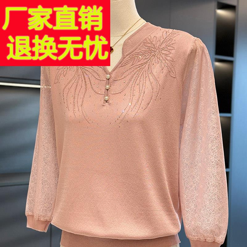 时尚气质中老年七分袖针织衫女春装新款上衣减龄洋气妈妈装打底衫