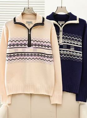 2025秋冬新款女装学院风休闲时髦撞色翻领提花毛衣TTKW258VCDB
