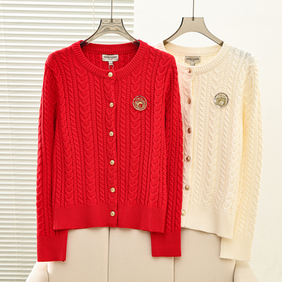 2026春季新款学院风复古绞花金扣针织毛衣开衫外套女TTCK2611C3K