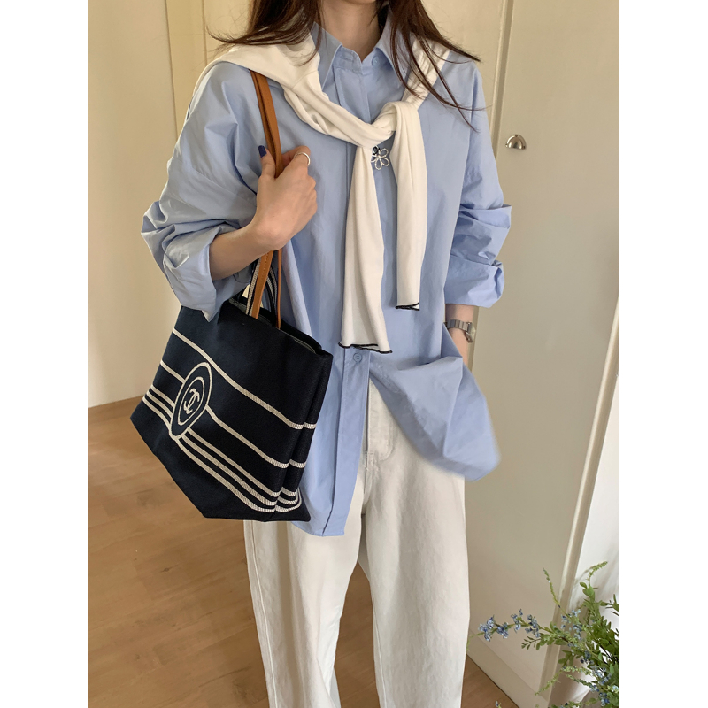 蓝色长袖衬衫女2025春秋新款