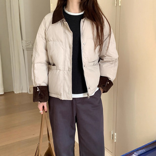 薇颂服饰撞色翻领羽绒服女2025新款韩版冬季百搭保暖面包服外套