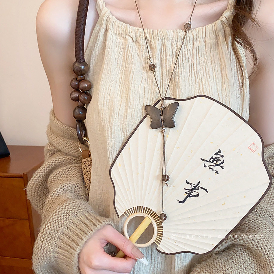 新中式禅意木头蝴蝶吊坠项链复古民族风毛衣链时尚气质百搭项饰女