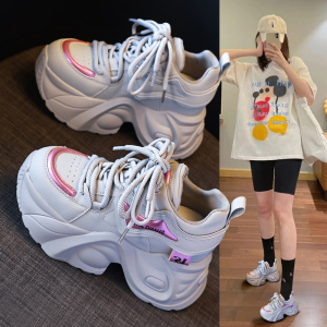 小个子厚底老爹鞋女2024春季新款百搭真皮运动鞋松糕底内增高9cm