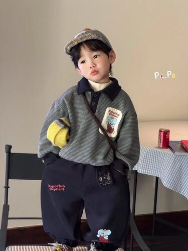 Papo新款男童女童加绒卫衣卫裤秋冬款中大童冬季加绒加厚儿童套装