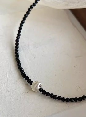 小众拉丝猫眼银珠纯银项链黑玛瑙