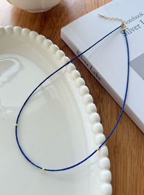 天然青金石直切小圆管项链女锁骨链轻奢小众设计美国14k包金颈链