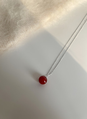 单颗红玛瑙S925纯银女复古红项链