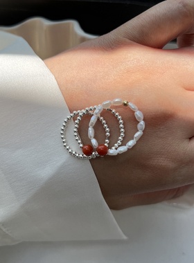 戒指食指戒s925纯银南红珍珠银豆