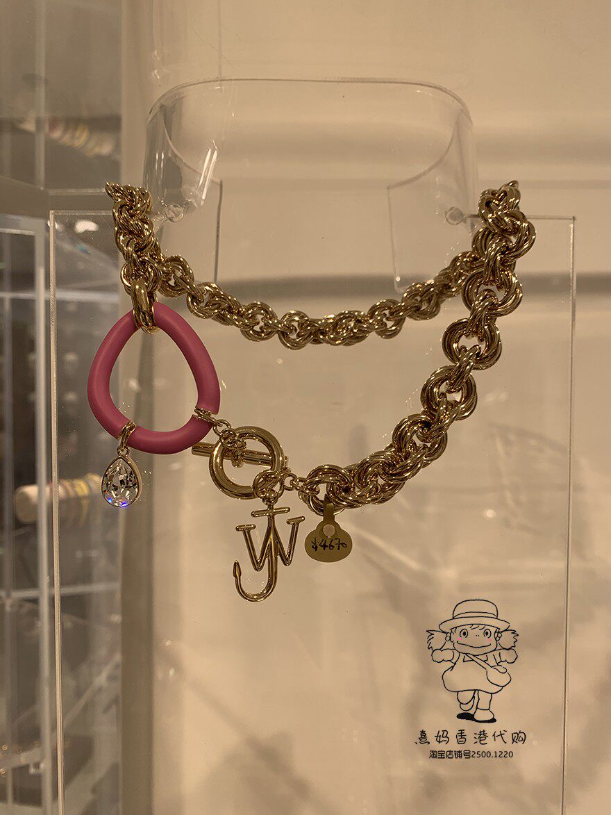 香港jw anderson 黄铜镀金女款项链 饰有水钻吊坠  46cm