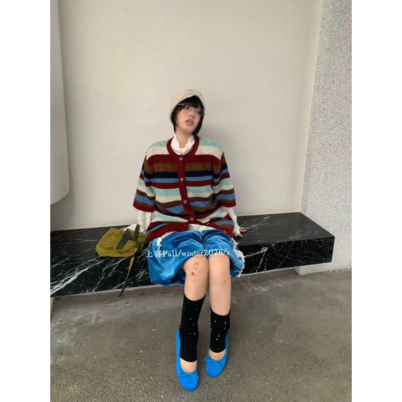 上喜彩虹条纹针织开衫女减龄甜美