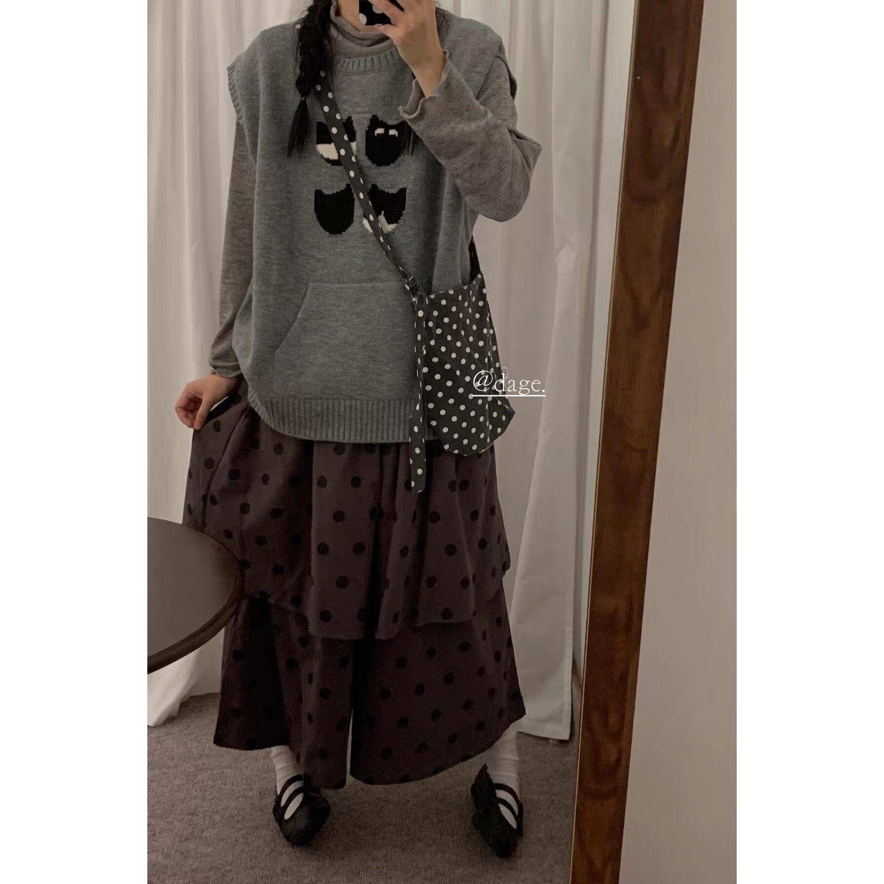 dage秋冬新款韩版宽松显瘦假两件波点休闲裤女显瘦休闲八分裤子