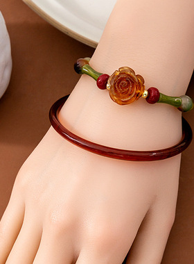 新中式国风玫瑰花手镯套装 复古中国风竹节串珠手饰旗袍配饰手链
