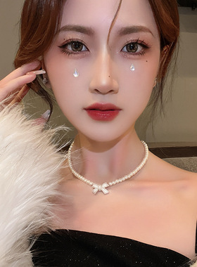 ins风蝴蝶结珍珠项链女高级感优雅气质串珠锁骨链2026年爆款配饰