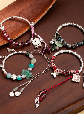 新中式古风绿色竹节莲花串珠手链 轻奢小众设计感清冷风半镯手饰