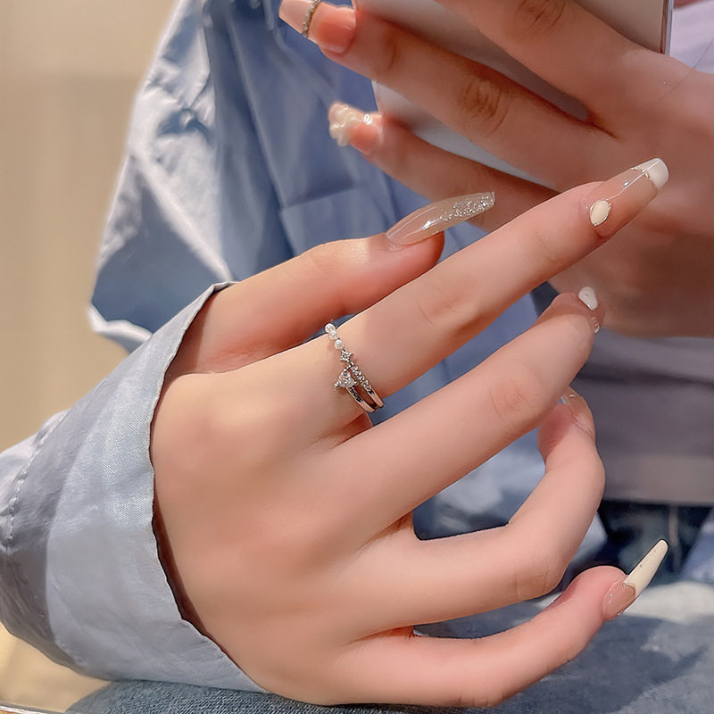 锆石爱心珍珠戒指女精致甜美小众高级感食指环开口可调节情侣手饰