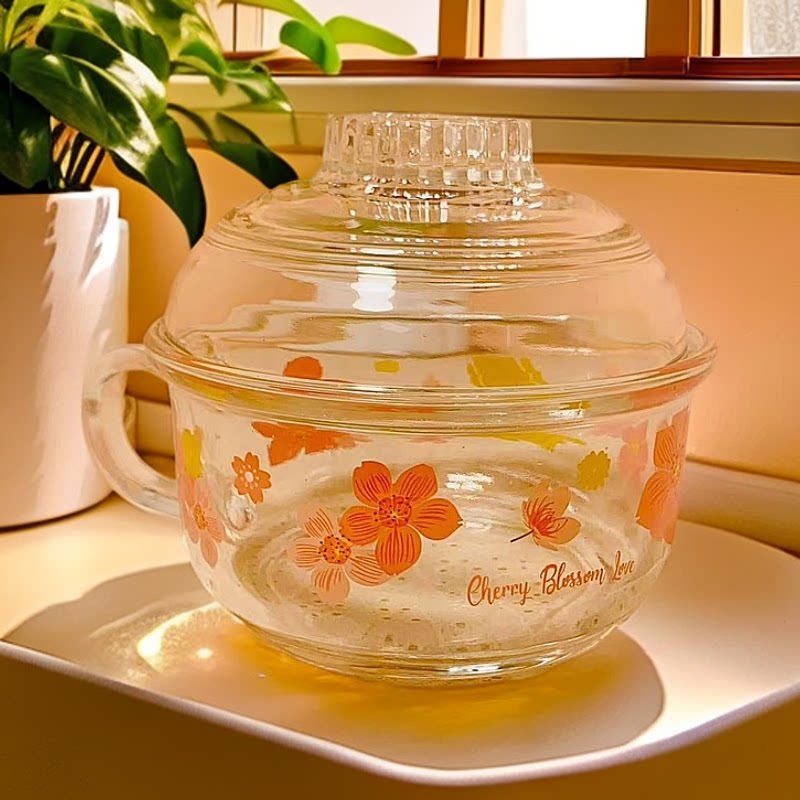 樱花带盖汤碗透明家用泡面碗1L大容量
