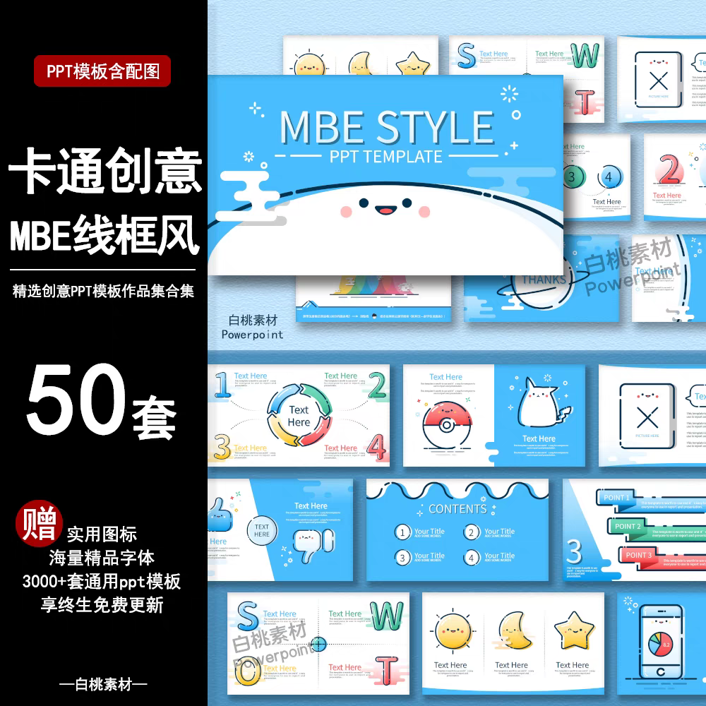 卡通创意MBE线框风ppt模板简约可爱手绘清新教学课件毕业答辩汇报