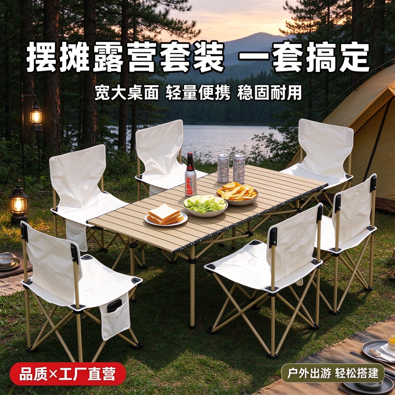 露营便携式折叠桌野餐摆摊自驾游烧烤户外折叠桌子蛋卷桌椅套装