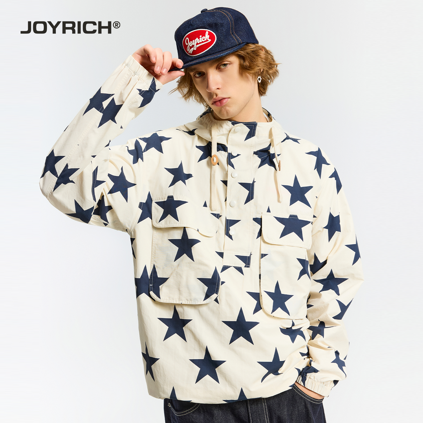 JOYRICH美式复古宽松星星满印连帽外套防泼水25秋新品男女同款