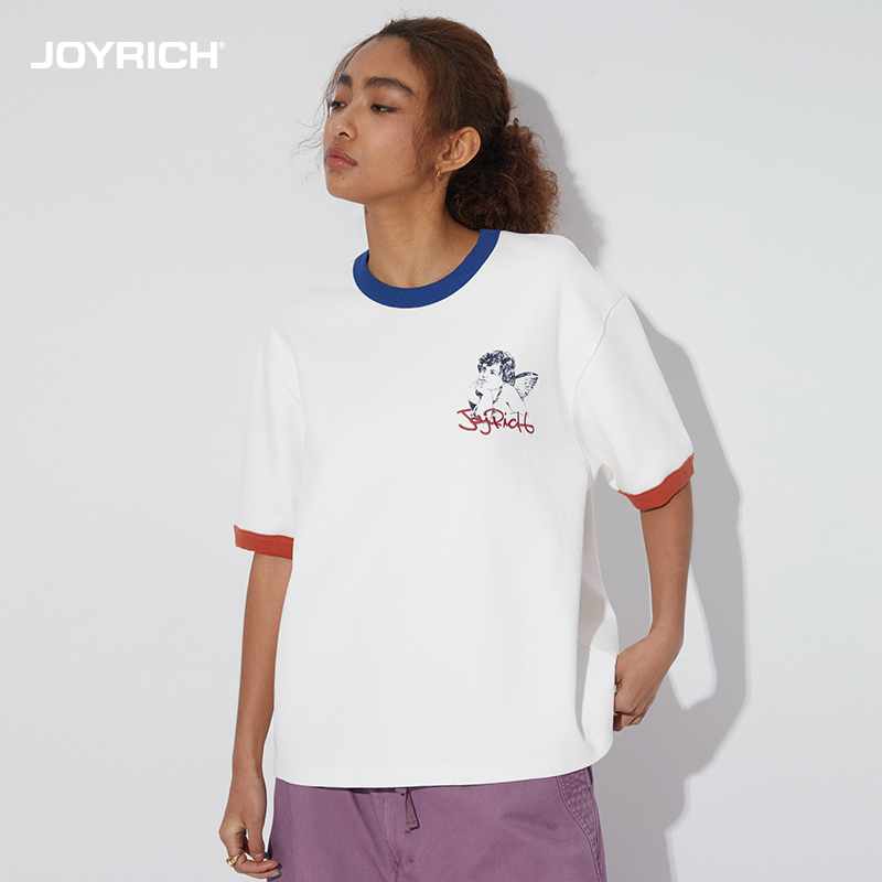 JOYRICH 2024夏季男女同款美式复古天使印花撞色宽松休闲短袖T恤