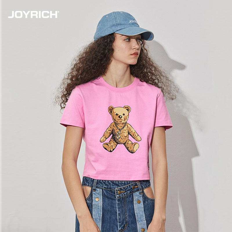 JOYRICH女款美式复古经典富乐熊印花纯棉短款修身短袖T恤