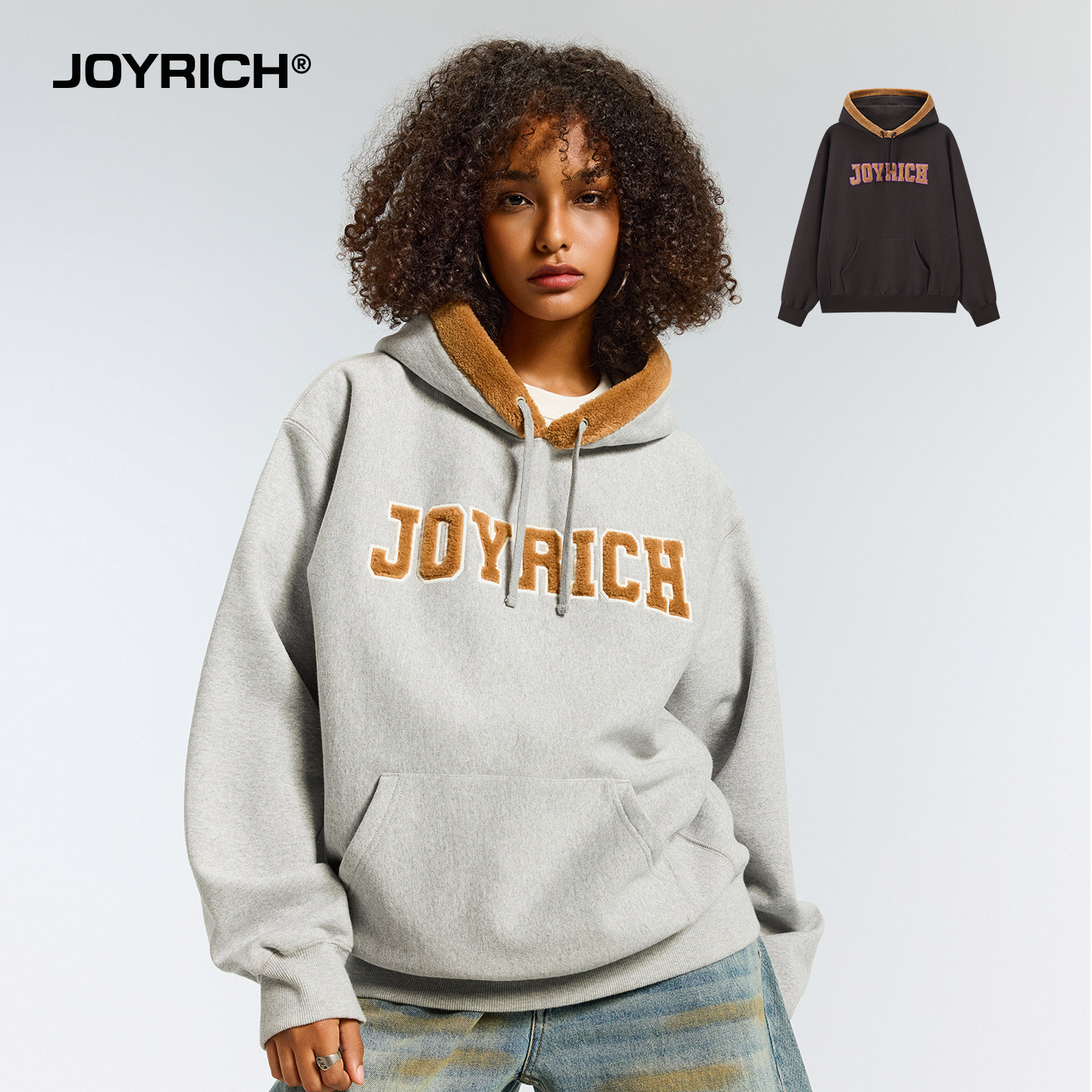 JOYRICH美式复古宽松休闲加绒毛领连帽卫衣25冬季新品男女同款
