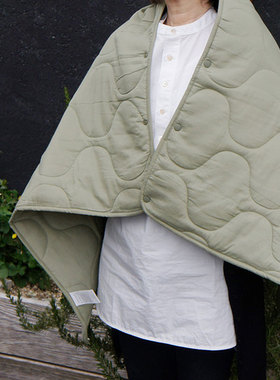 进口PUEBCO空调毯菱格复古保暖披风斗篷露营毯小毯子军绿绗棉披肩