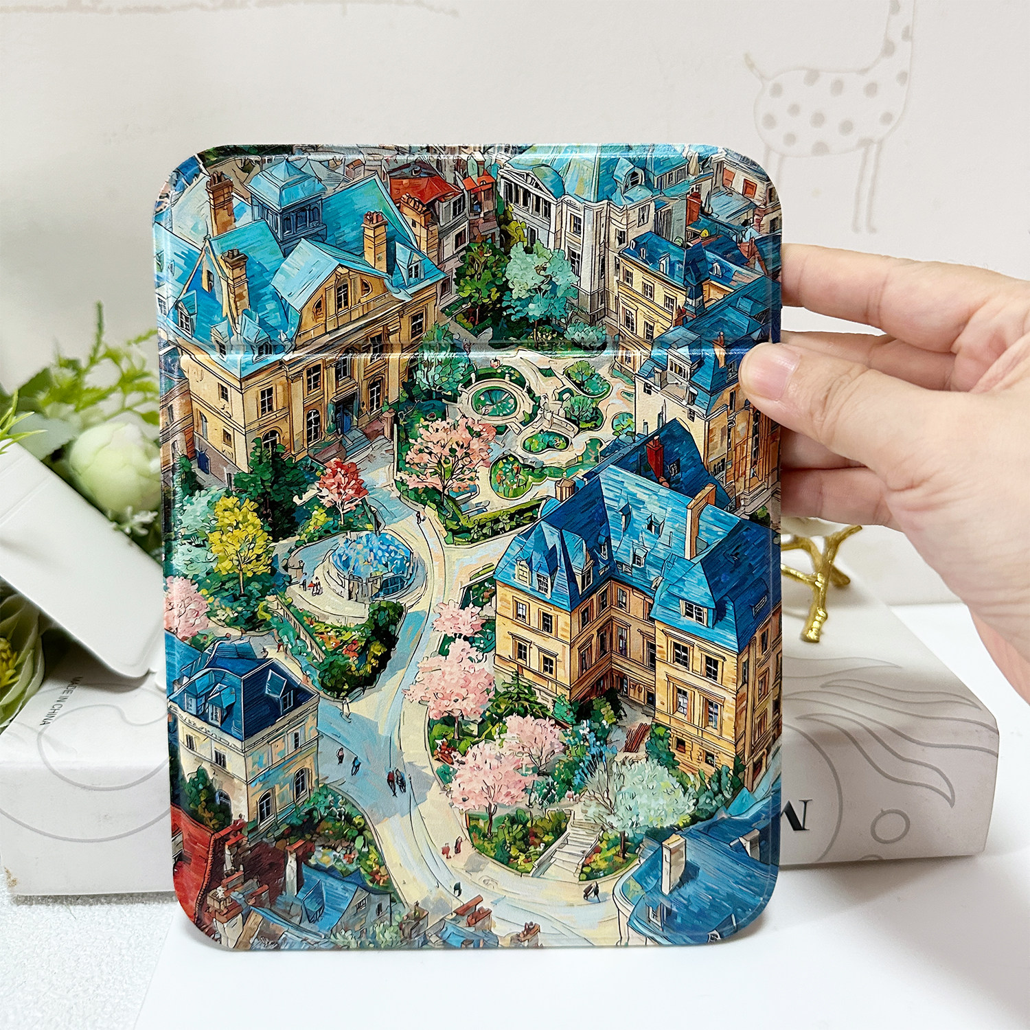 大号彩描学院风庄园插画折 叠化妆镜手持可爱适用居家旅行化妆