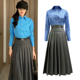 裙 百褶裙学院风设计感A字裙气质西装 蓝色衬衣 高腰半身裙女中长款