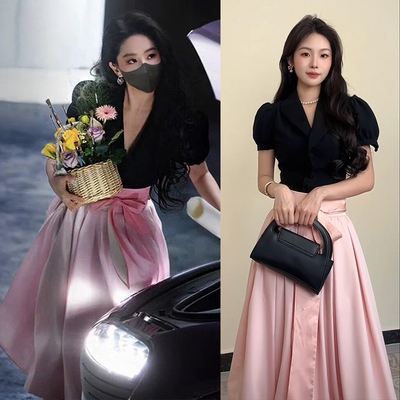 法式黑色短袖两件套半身裙