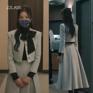 小香风莫兰迪色西服套装 西装 外套蝴蝶结衬衣半身裙夏娃明星同款