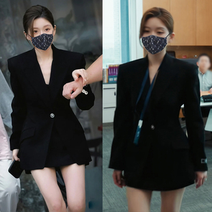 外套许我耀眼许妍明星同款 黑色西服女连衣裙收腰气质长袖 简约西装