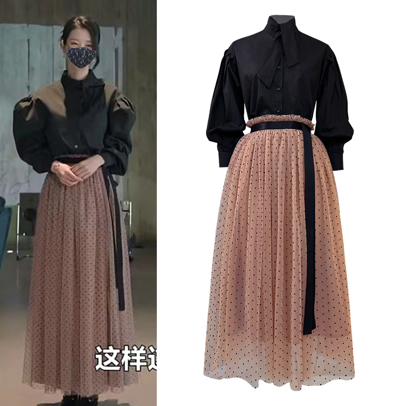 黑色系带蝴蝶结衬衫女波点